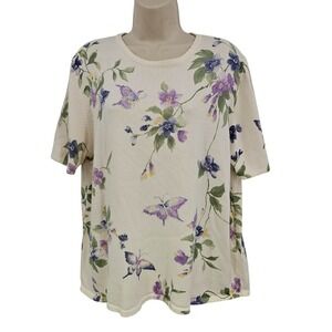 Grandmacore Jumper Sweater Women XL Floral Butterfly Knit Short Sleeve Whimsical